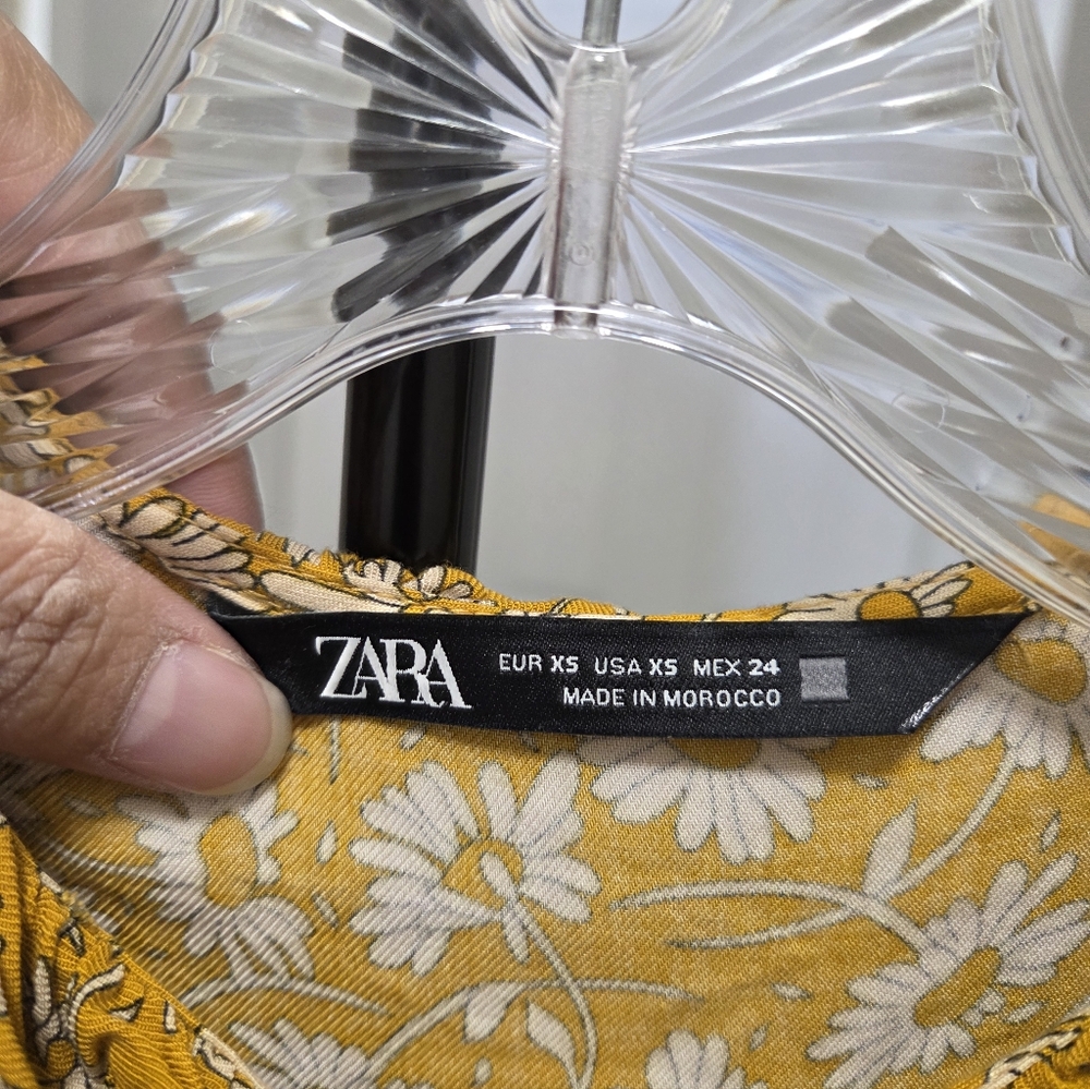 Zara Mustard Yellow Floral Ruffle Dress Boho Prairie Smocked Button Front - Picture 9 of 12